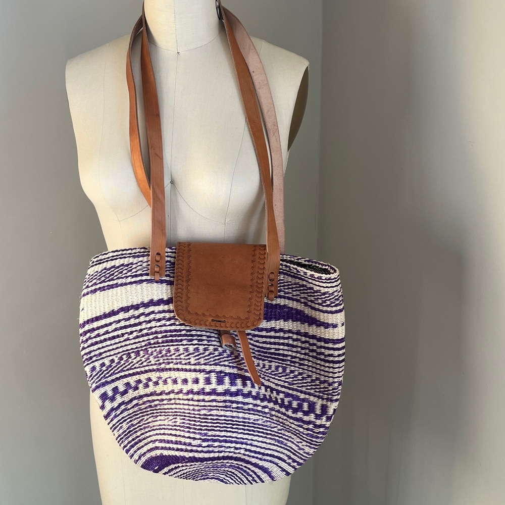 Handwoven Sisal Bag Kenyan Kiondo Basket Tote Leather Purple African Artisan - Picture 14 of 15